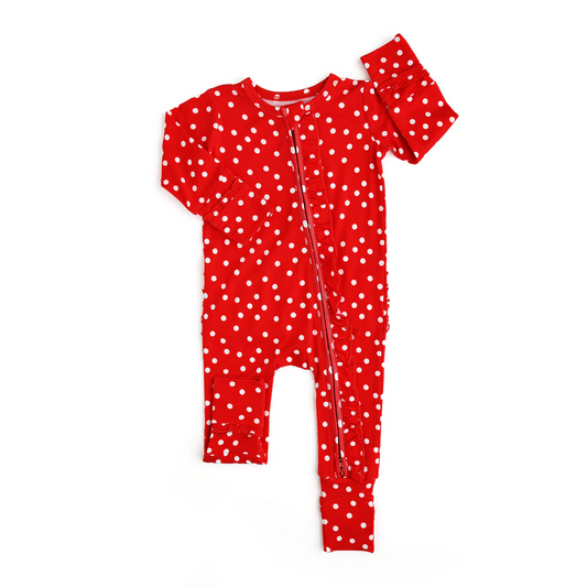 Long sleeves red polka dots baby girls zipper romper