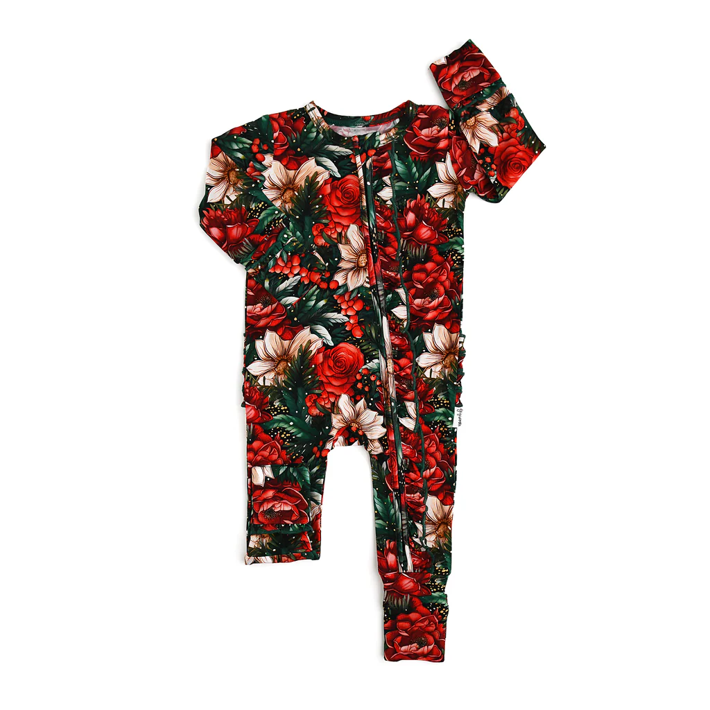 Green red floral baby girls Christmas zipper romper