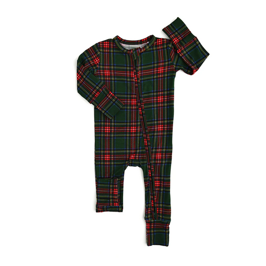 Green red plaid baby kids Christmas zipper romper