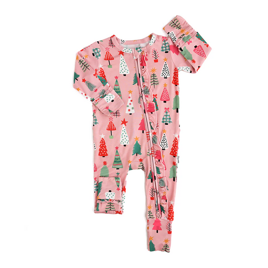 Pink Christmas tree ruffle baby girls zipper romper