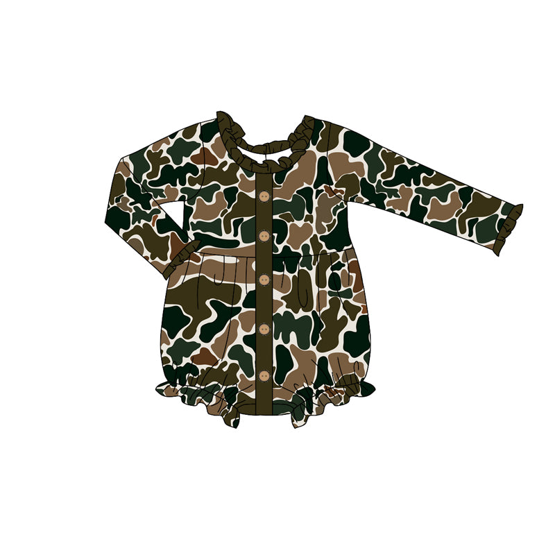 Ruffle long sleeves camo button baby girls romper