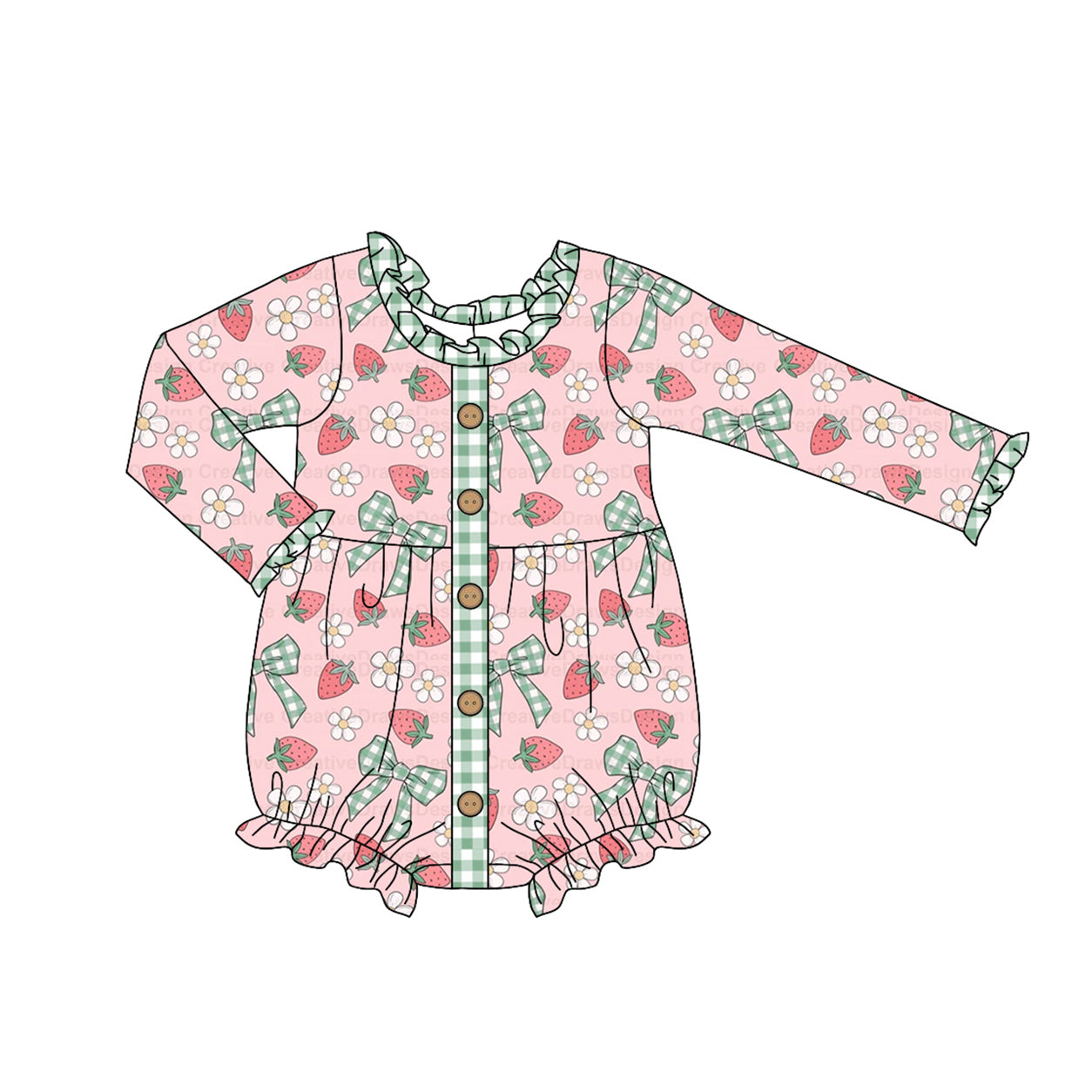 Green plaid bow strawberry baby girls romper