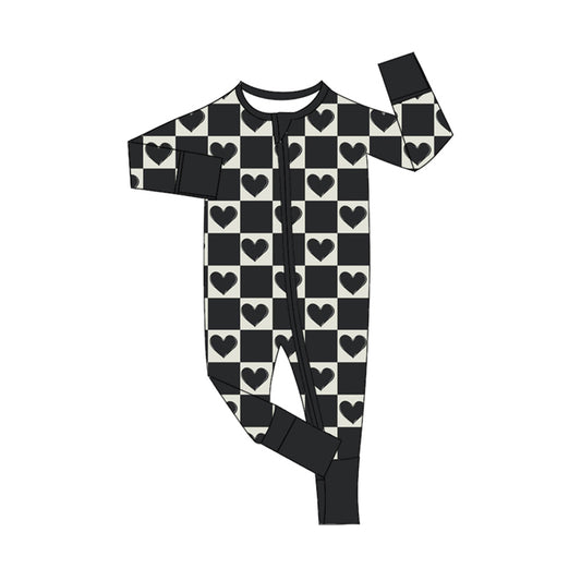 Black heart plaid baby kids zipper valentine's romper