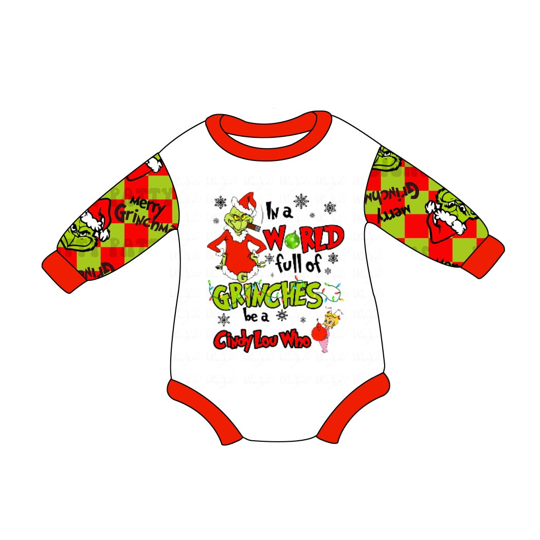 Plaid green face long sleeves baby kids Christmas romper