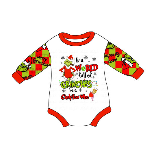 Plaid green face long sleeves baby kids Christmas romper