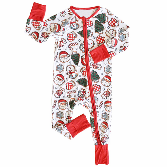 Red santa snowman candy cane baby Christmas zip romper