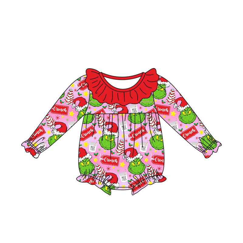 Long sleeves ruffle green face baby girls Christmas romper