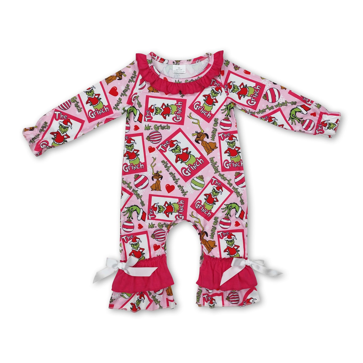 Hot pink ruffle green face baby girls Christmas romper