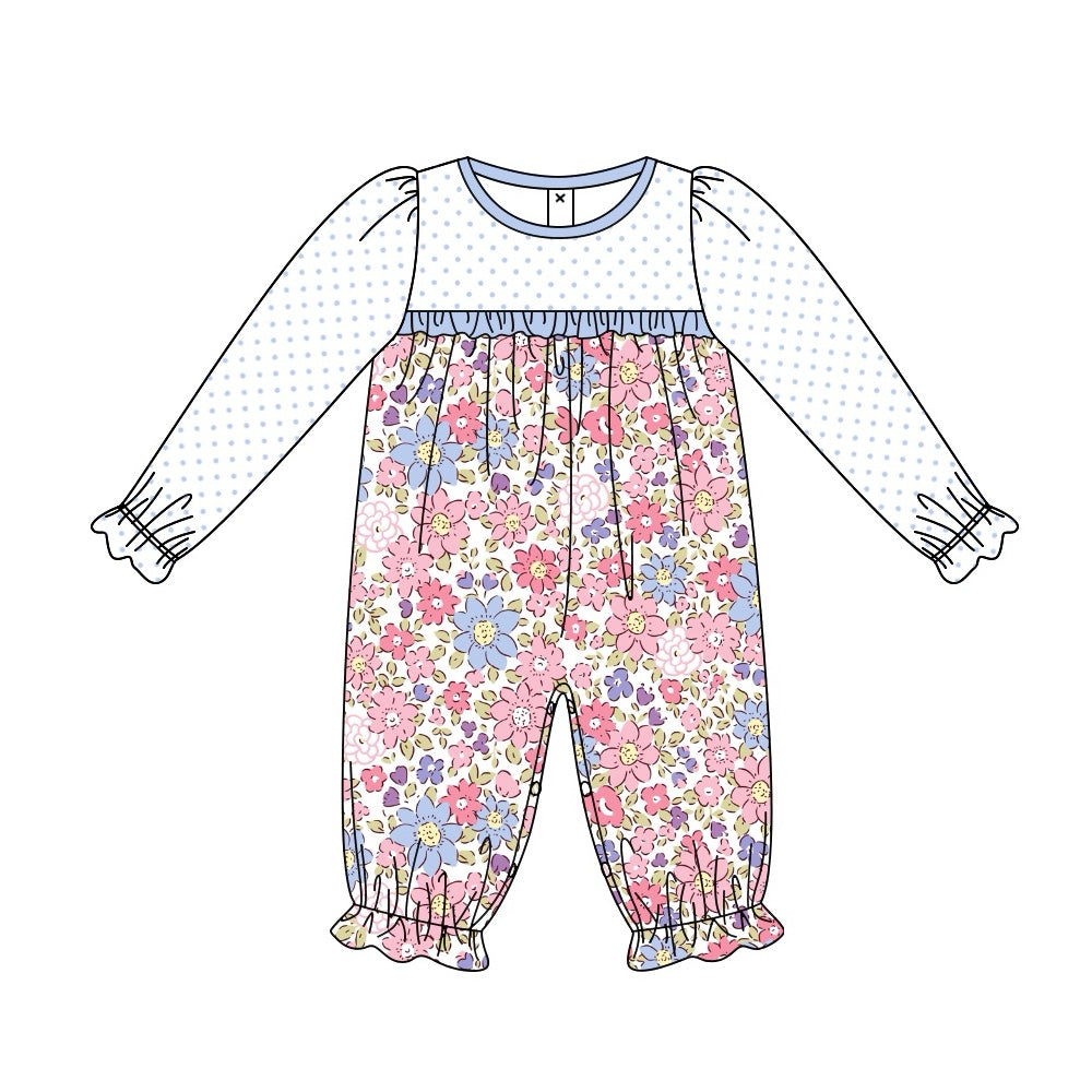 Light blue polka dots floral baby girls romper