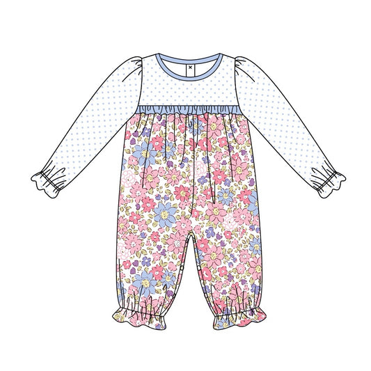 Light blue polka dots floral baby girls romper