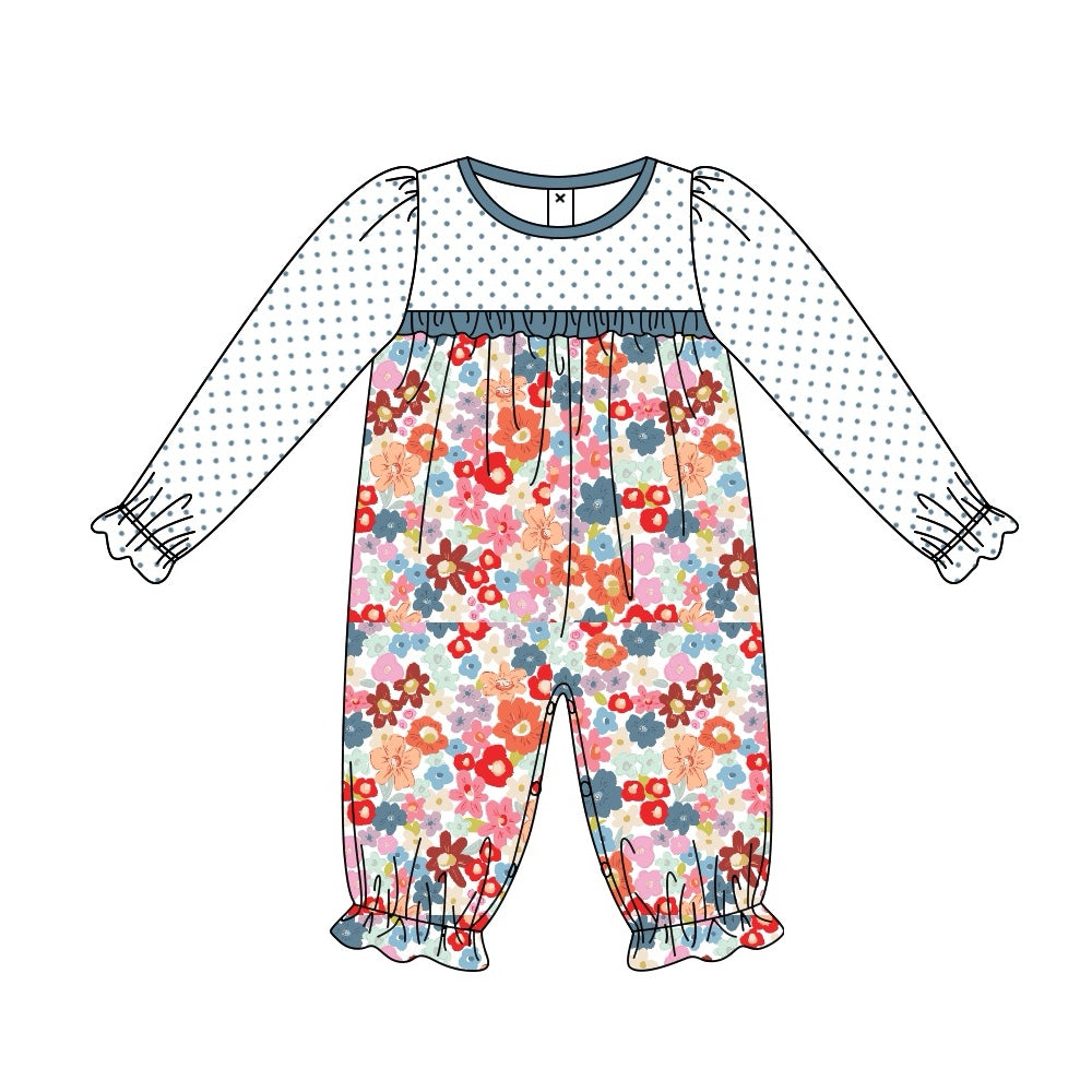 Long sleeves polka dots floral baby girls romper