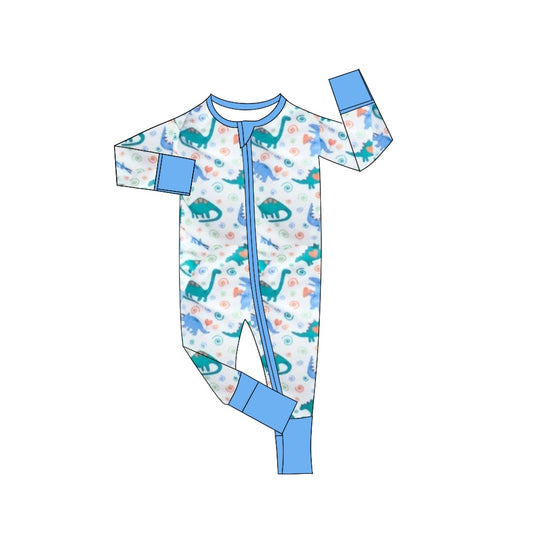 Light blue long sleeves dinosaur baby boy zipper romper