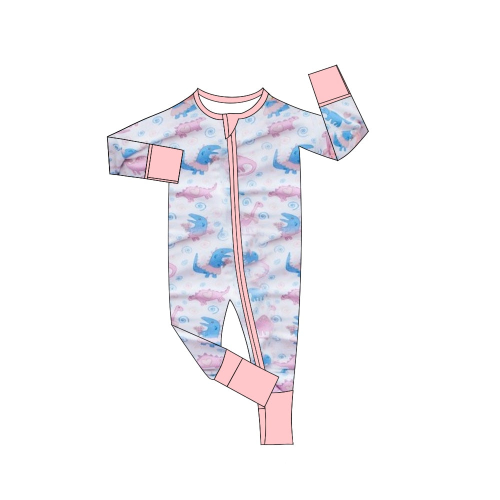 Pink long sleeves dinosaur baby girl zipper romper