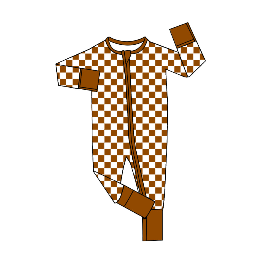 Long sleeves brown plaid baby kids zipper romper