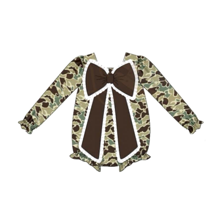 Long sleeves brown cow camo baby girls romper