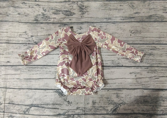 Long sleeves brown cow camo baby girls romper