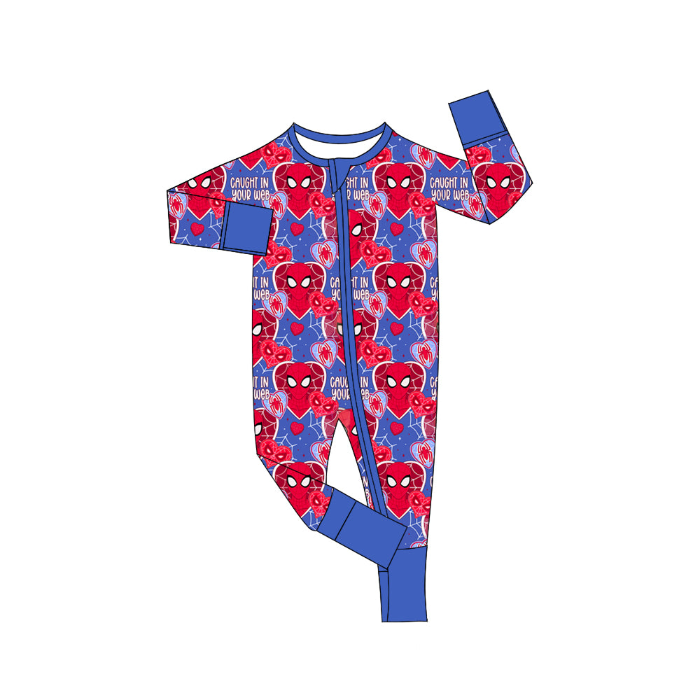 Long sleeves blue spider heart baby boy valentine's romper