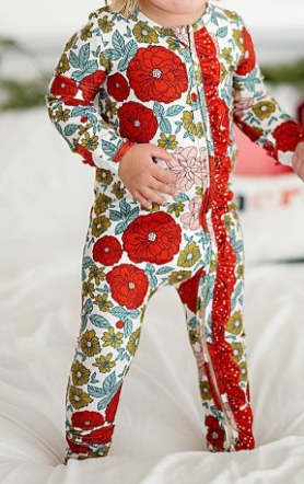 Red floral ruffle baby girls Christmas zipper romper