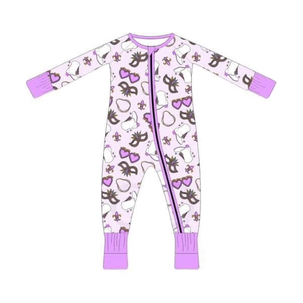 Purple glasses baby girls Mardi Gras zipper romper