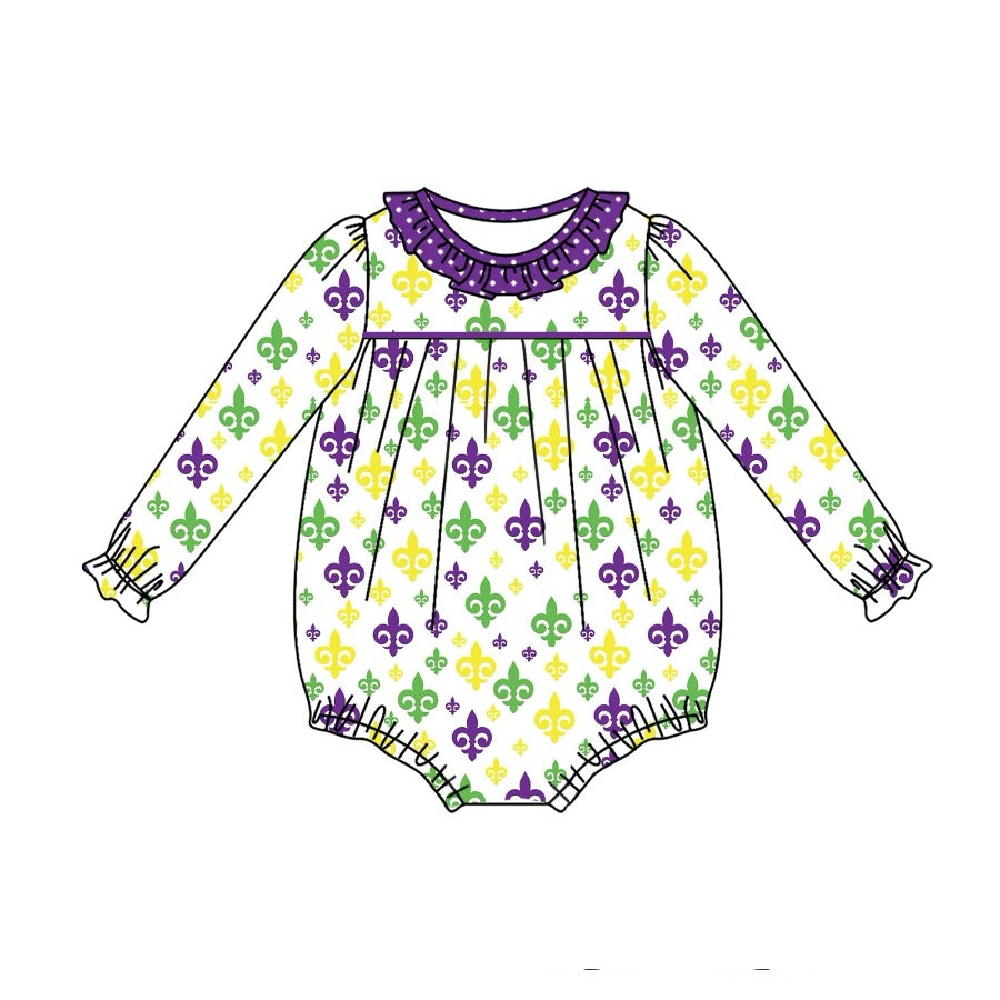 Purple polka dots ruffle baby girls mardi gras romper