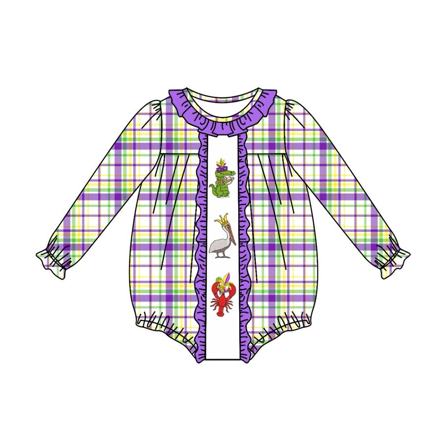 Plaid alligator pelican crawfish girls mardi gras romper