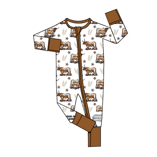 Brown long sleeves cows stars baby boy zipper romper