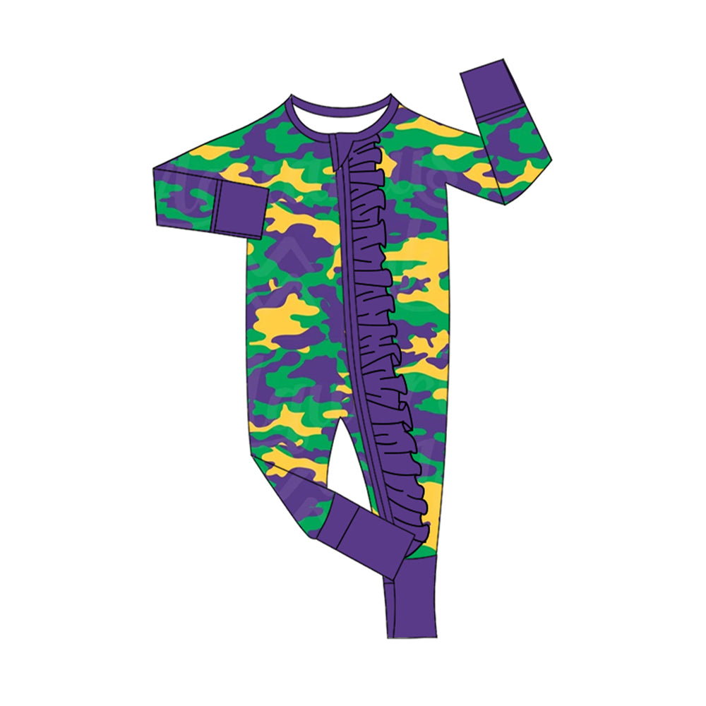 Purple green yellow camo baby mardi gras zipper romper