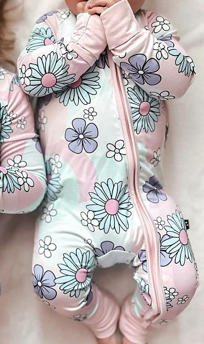 Pink mint floral baby girls zipper romper