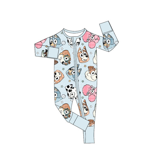 Long sleeves light blue dog baby kids zipper romper