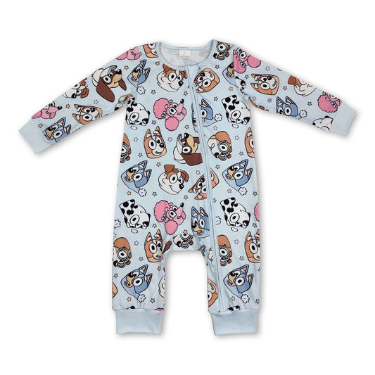 Long sleeves light blue dog baby kids zipper romper