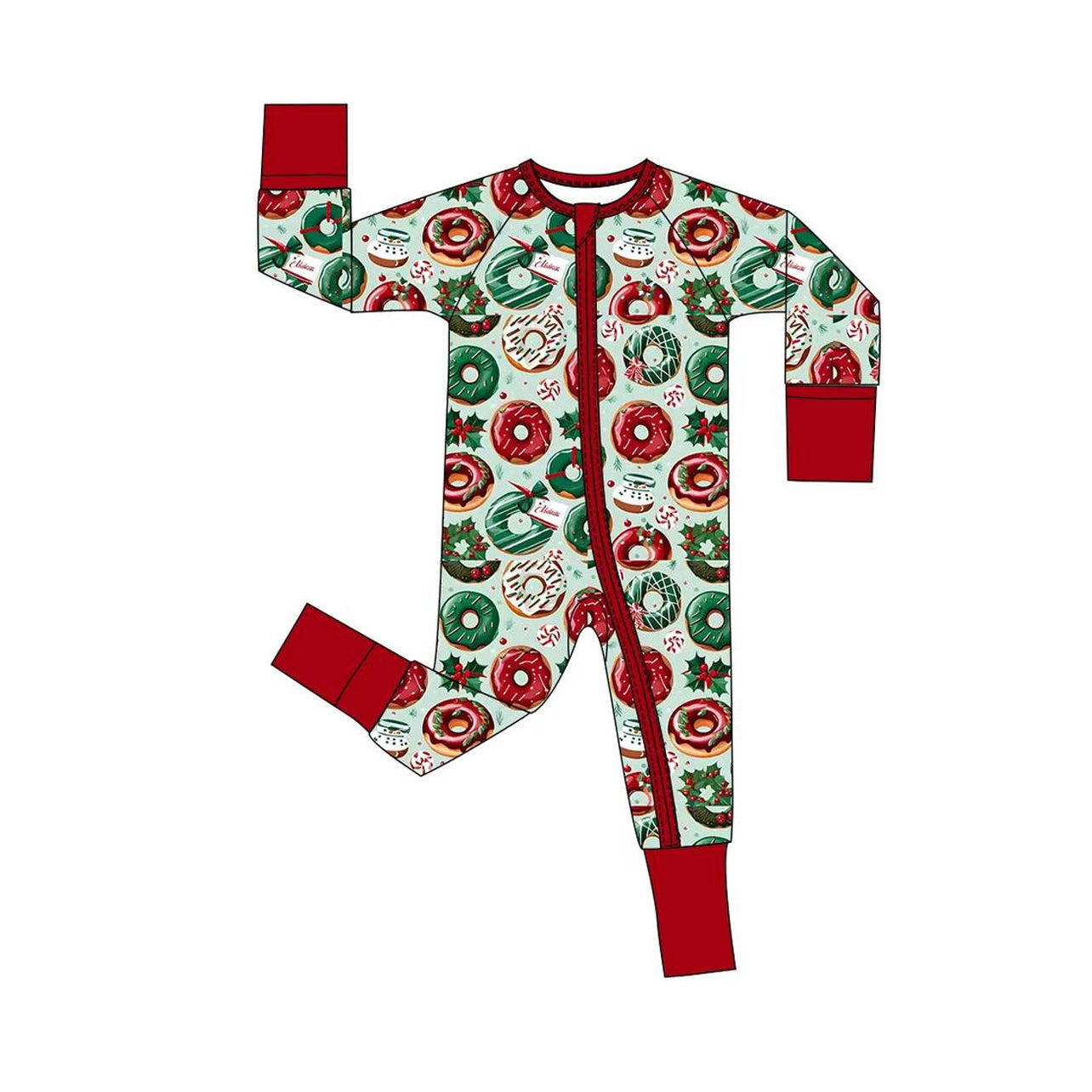 Red green donut baby kids Christmas zipper romper