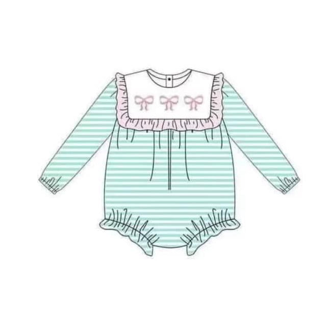 Long sleeves pink bow ruffle stripe baby girls romper