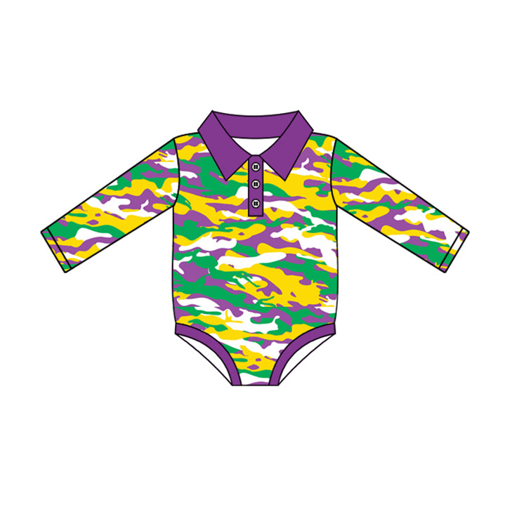 Green yellow purple camo baby boy Mardi Gras polo romper