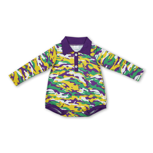 Green yellow purple camo baby boy Mardi Gras polo romper