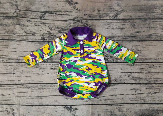 Green yellow purple camo baby boy Mardi Gras polo romper