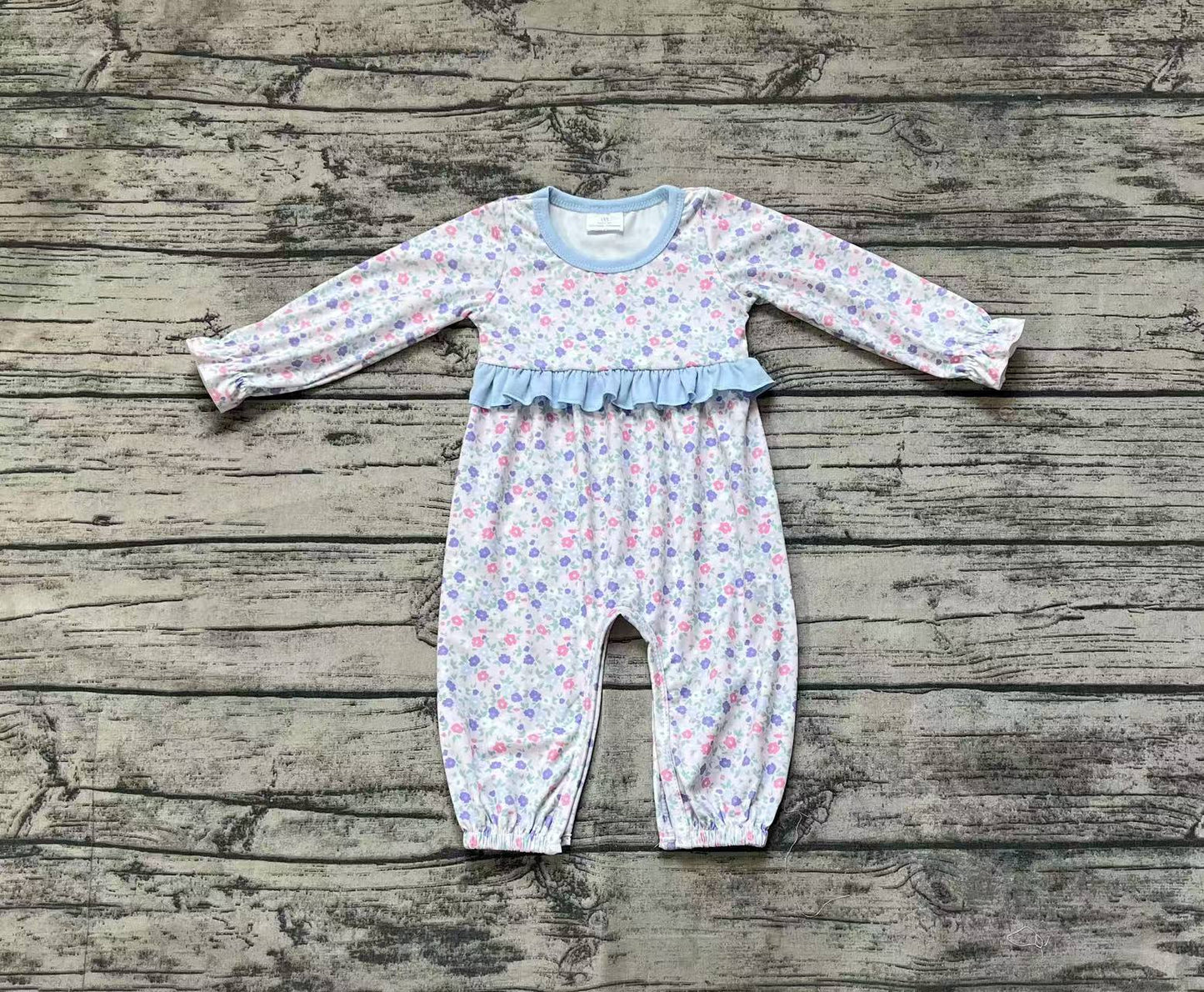 Long sleeves light blue ruffle floral baby girls romper