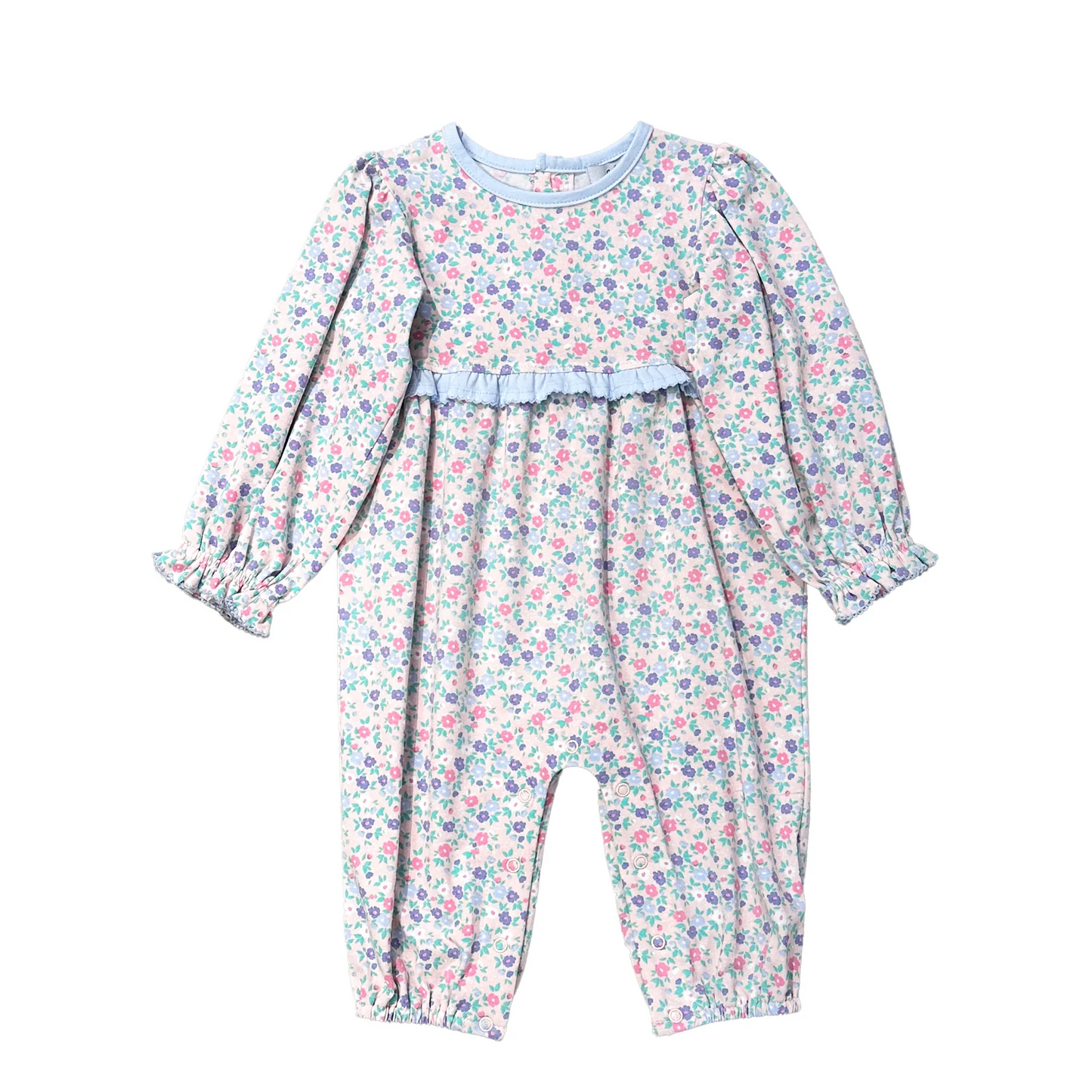 Long sleeves light blue ruffle floral baby girls romper