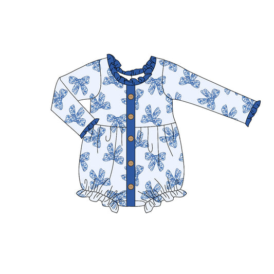 Long sleeves blue ruffle bow baby girls romper