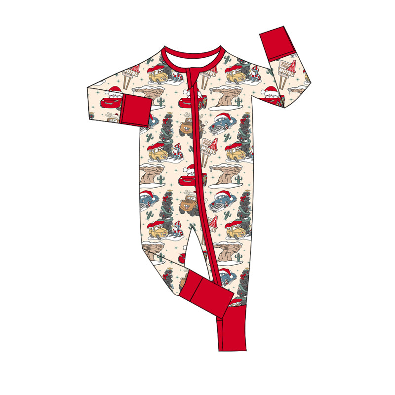 Long sleeves red cars flag baby boys Christmas zipper romper