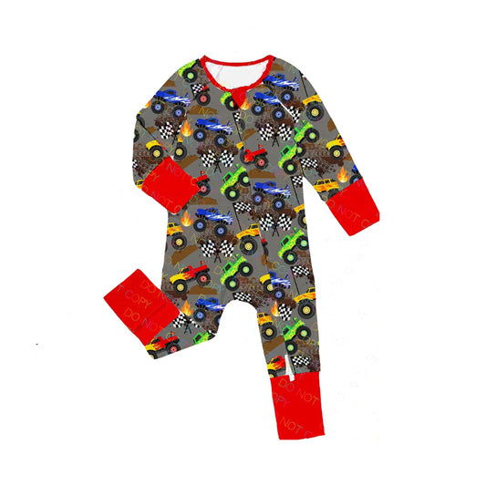 Red long sleeves cars flag baby boy zipper romper