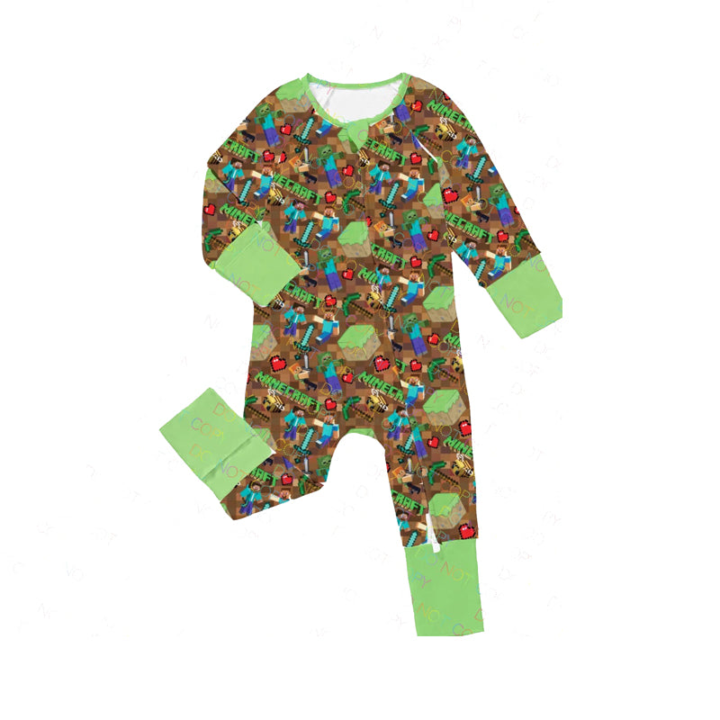 Green long sleeves heart game baby boy zipper romper