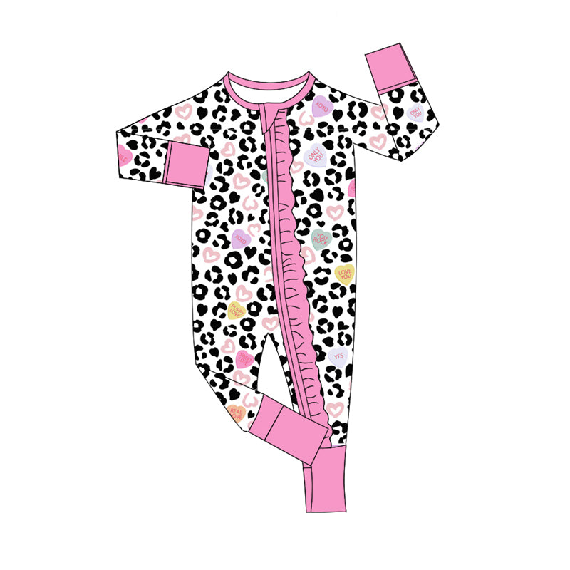 Pink leopard heart baby valentine's day zipper romper