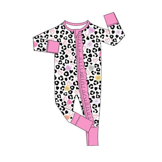 Pink leopard heart baby valentine's day zipper romper