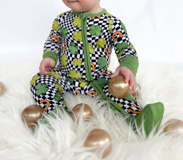 Green plaid clovers baby St Patrick's zipper romper