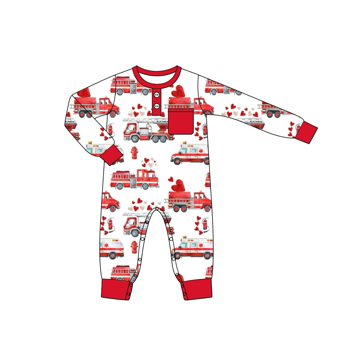 Red pocket heart fire truck baby boys valentine's romper