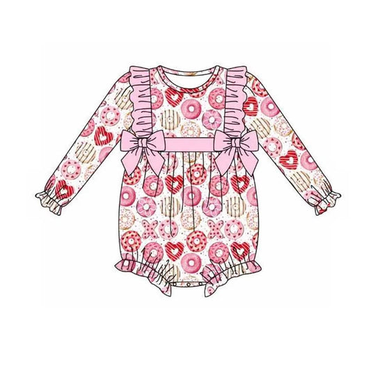 Pink ruffle bow heart donut baby girls valentine's romper