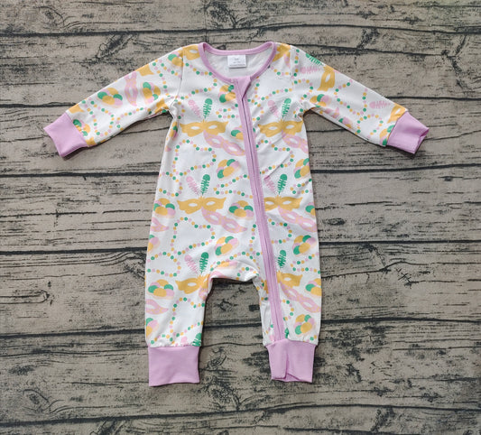 Lavender baby girls mardi gras bamboo zipper romper