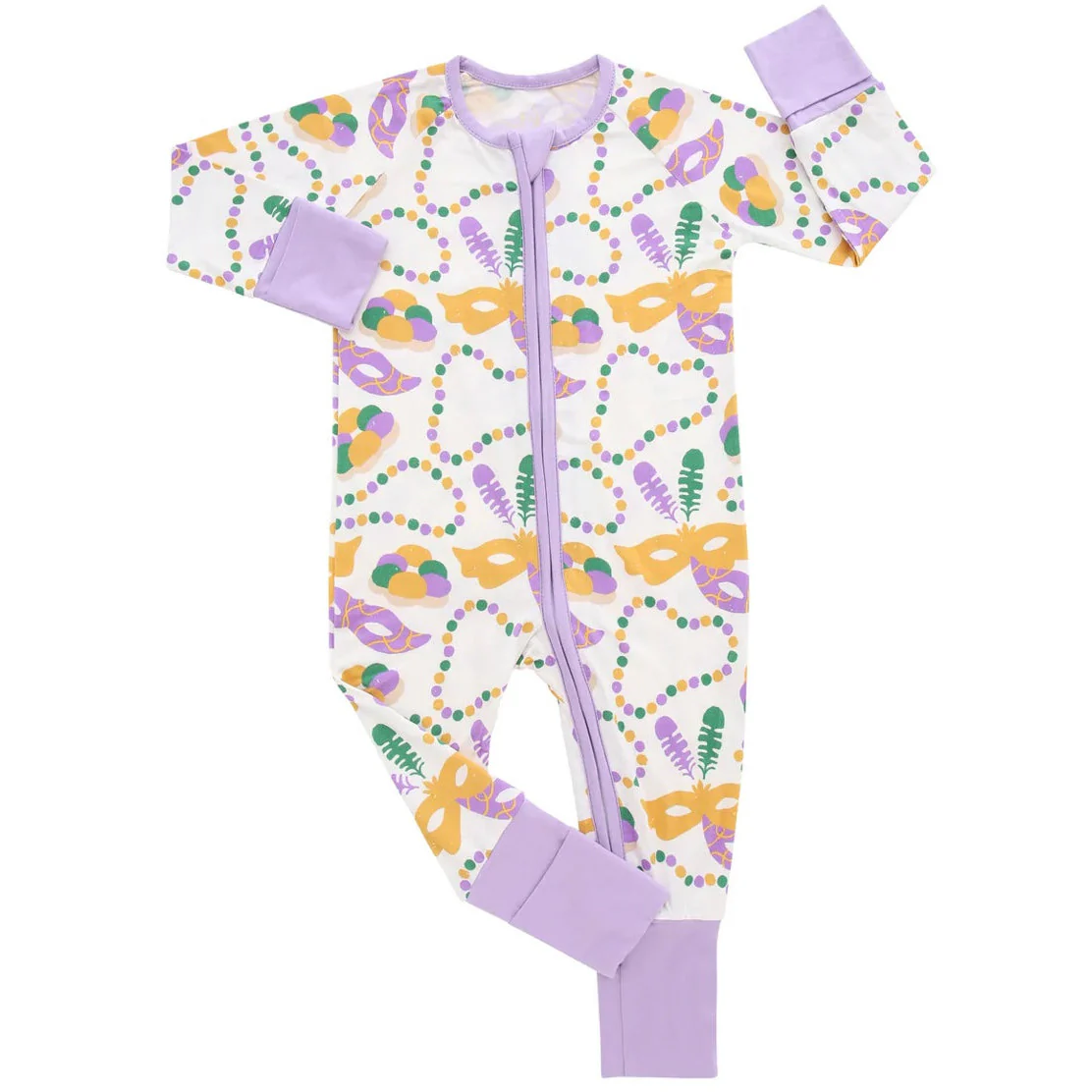 Lavender baby girls mardi gras bamboo zipper romper