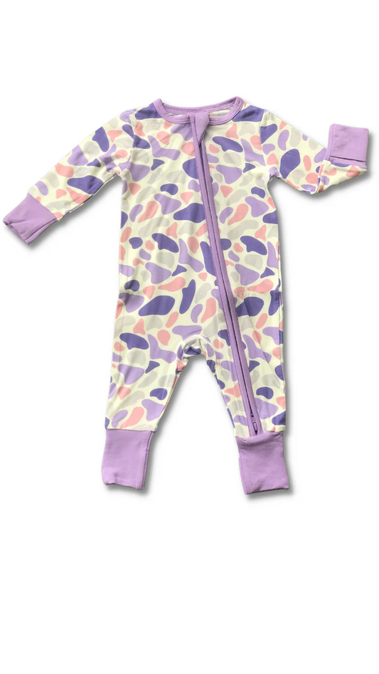 Lavender camo long sleeves baby girls zipper romper