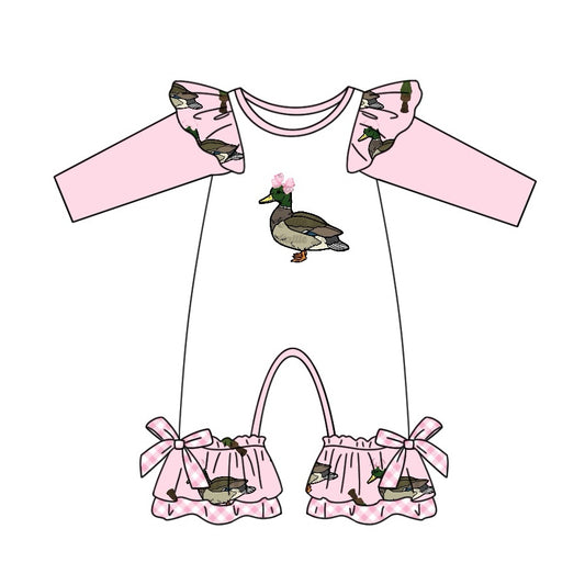 Pink long sleeves duck bow ruffle baby girls romper